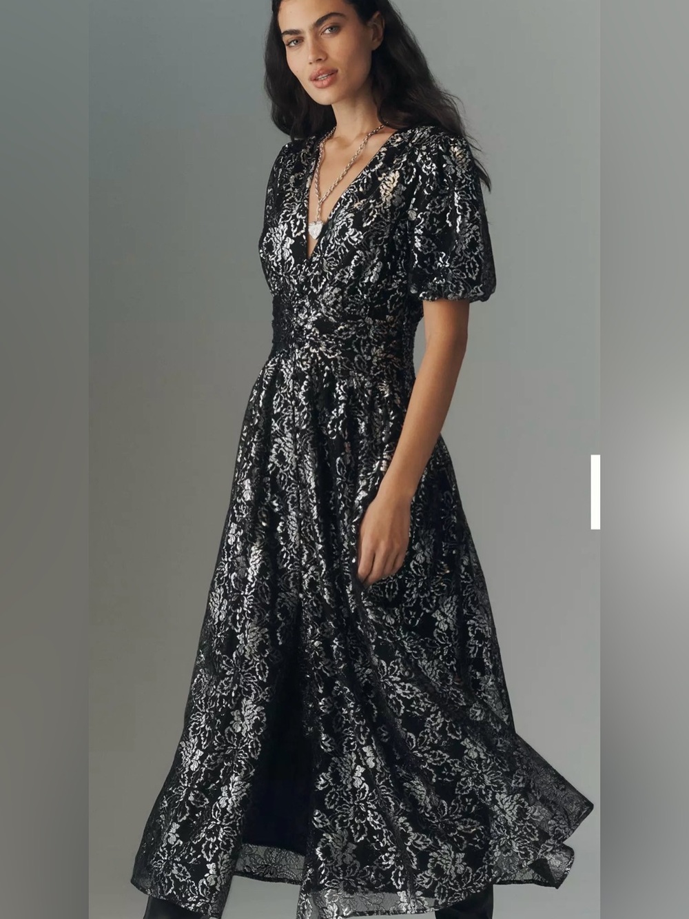 Anthropologie Katerina Metallic Lace Midi Dress Black Silver Large NWT